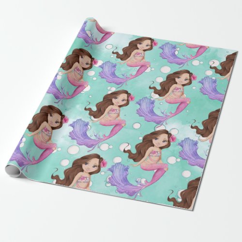 Mermaid Dark Hair Bubbles Pink Blue  Wrapping Paper