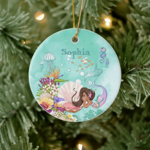 Mermaid Dark Hair Floral Coral Cute Pink Blue Ceramic Ornament