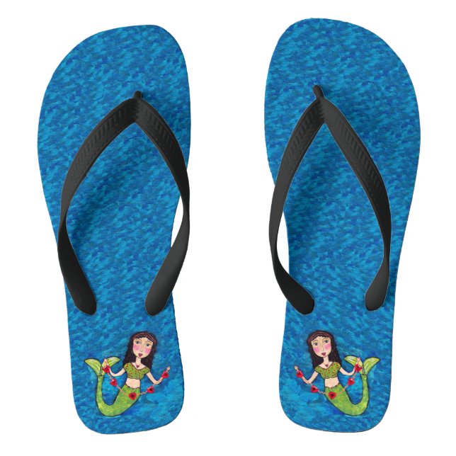 Mermaid Dark Hair Green Tail Gold String Red Heart Flip Flops (Footbed)
