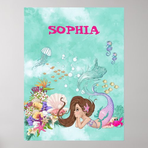 Mermaid Dark Hair Pink Cute Starfish Poster