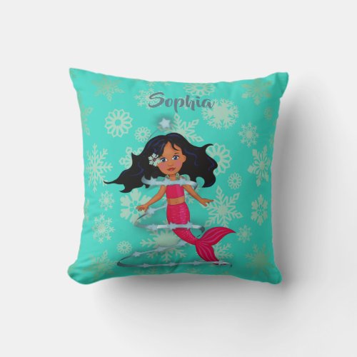 Mermaid Dark Hair Snowflakes Cute Stars Swirl Throw Pillow