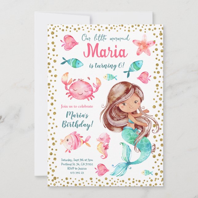 Mermaid Dark skin girl Kids Birthday Party Invitation (Front)