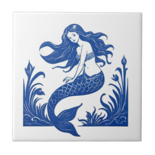Mermaid Delft Blue and White Sea Ocean Life Ceramic Tile