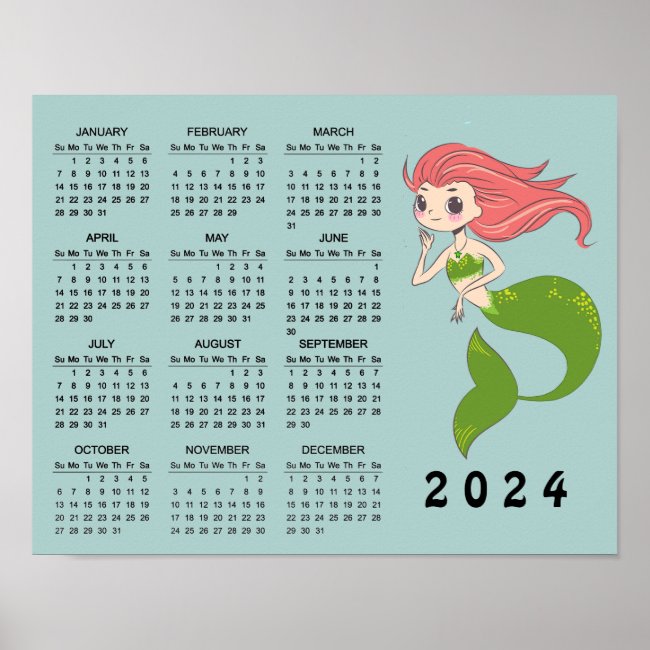 Mermaid Design 2024 Wall Calendar Poster