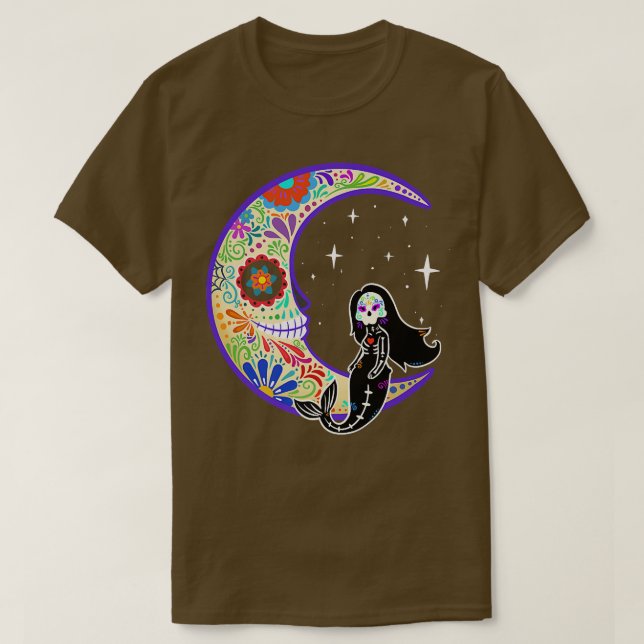 Mermaid Dia de Los Muertos Skeleton T-Shirt (Design Front)