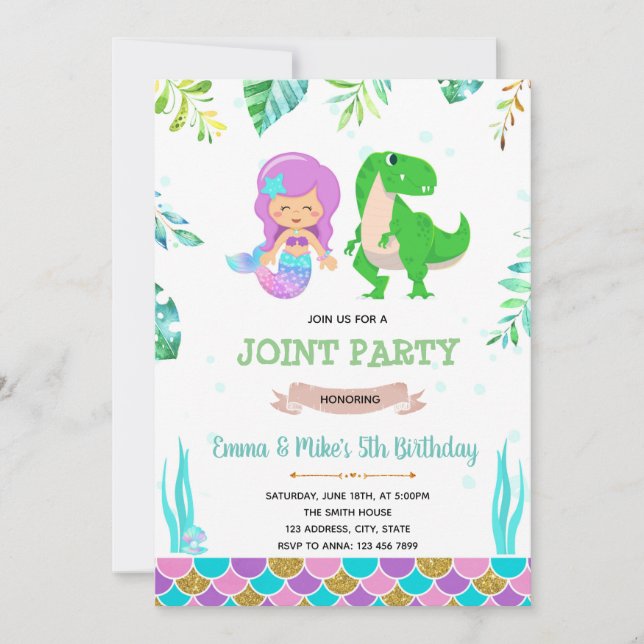 Mermaid dinosaur party invitation (Front)