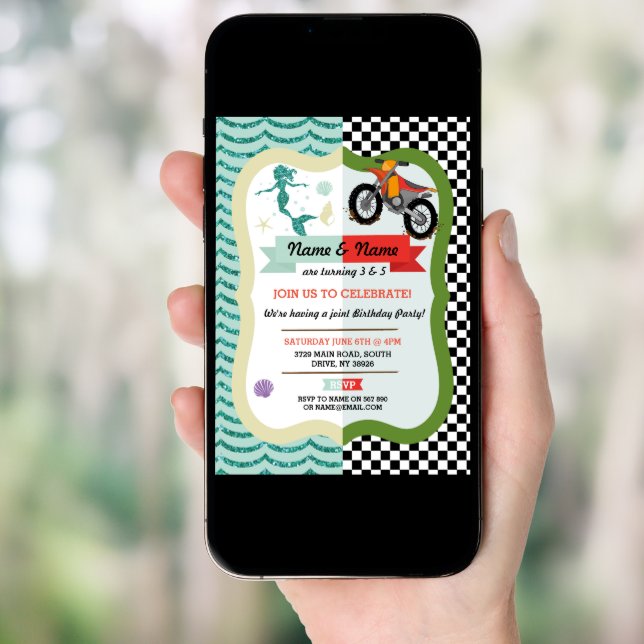 Mermaid & Dirt Bike Joint Boy Girl Birthday Invite (Front Digital)