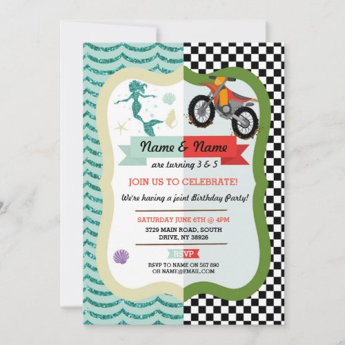 Mermaid  Dirt Bike Joint Boy Girl Birthday Invite