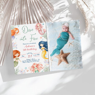Mermaid Dive into Five 5th Birthday Girl Invitation
