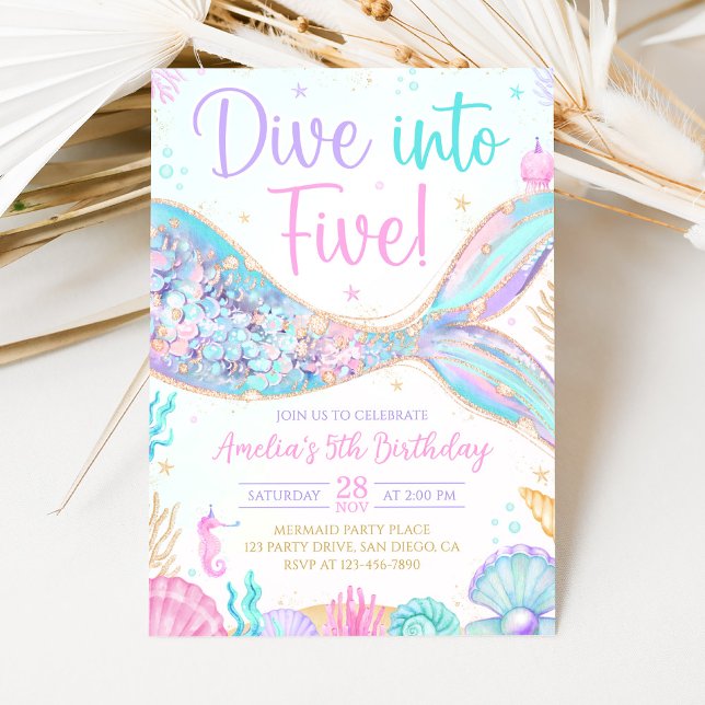 Mermaid Dive Into Five 5th Birthday Invitation (Creator Uploaded)