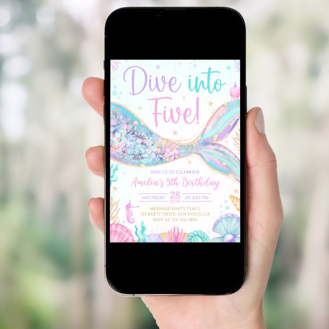 Mermaid Dive Into Five 5th Birthday Invitation (Front Digital)
