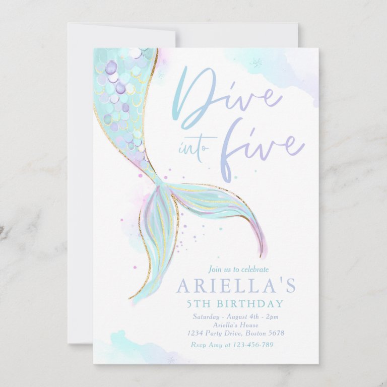 Mermaid Dive Into Five 5th Birthday Party                    Invitation