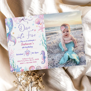 Mermaid Dive Into Five 5th Birthday Party Invitation