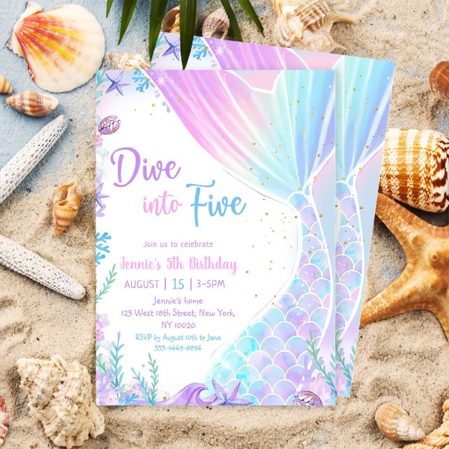 Mermaid Dive Into Five 5th Birthday Party Invitation (Creator Uploaded)