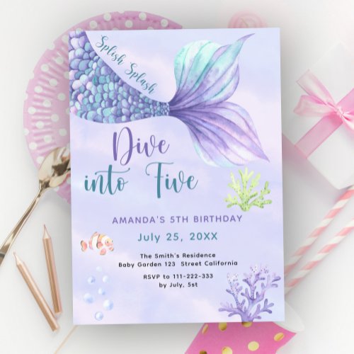 Mermaid Dive Into Five 5th Birthday Party Invitation