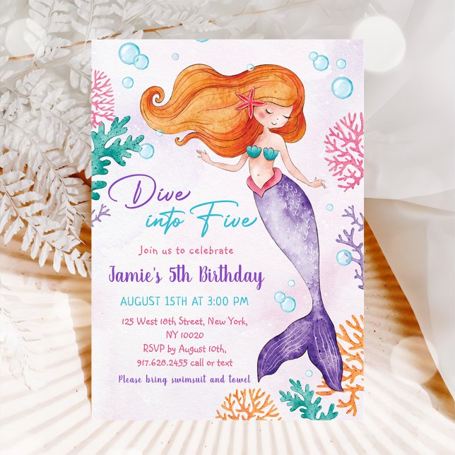 Mermaid Dive Into Five 5th Birthday Party Invitation (Creator Uploaded)