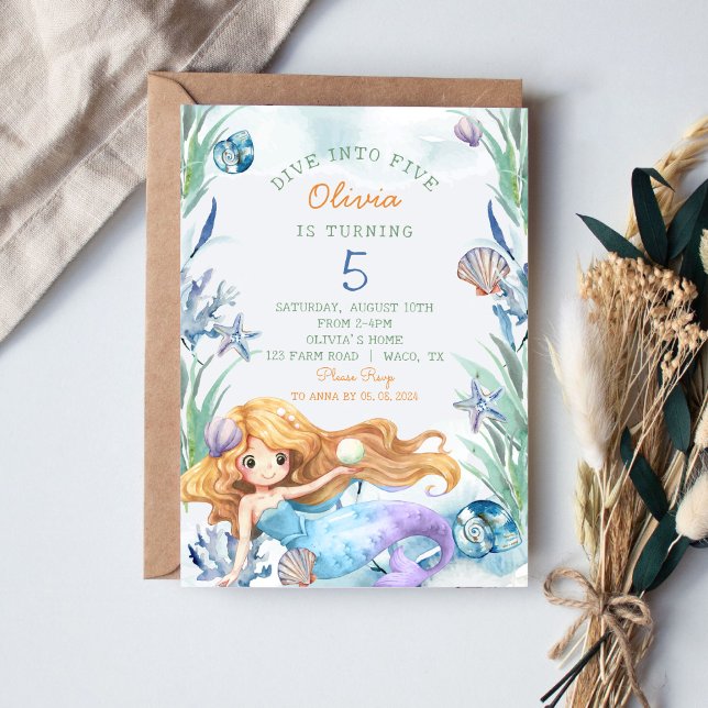 Mermaid Dive Into Five 5th Birthday Party Invitation (Creator Uploaded)