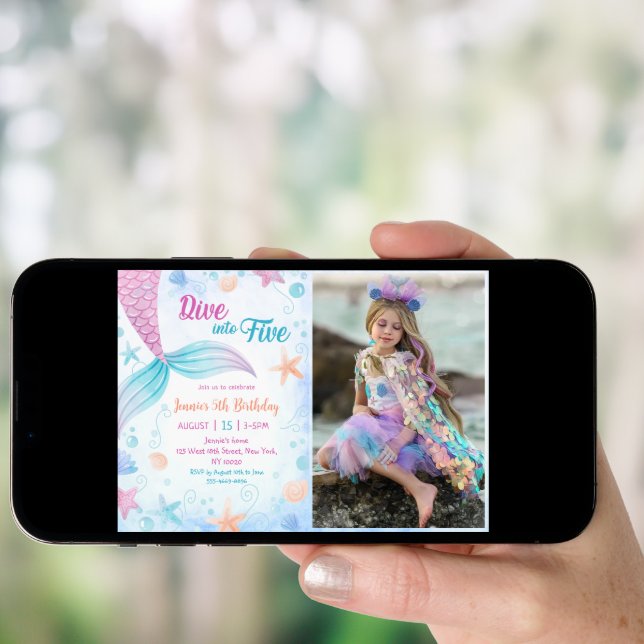 Mermaid Dive Into Five 5th Birthday Party Photo Invitation (Front Digital)