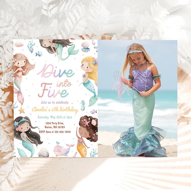 Mermaid Dive Into Five 5th Birthday Party Photo Invitation (Creator Uploaded)