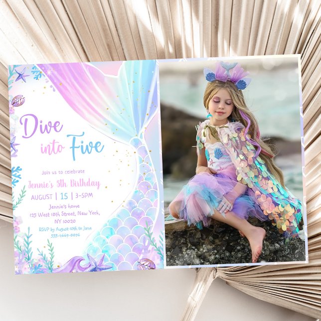 Mermaid Dive Into Five 5th Birthday Party Photo Invitation (Creator Uploaded)