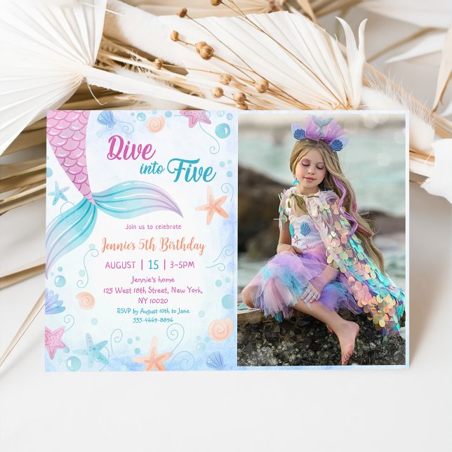 Mermaid Dive Into Five 5th Birthday Party Photo Invitation (Creator Uploaded)