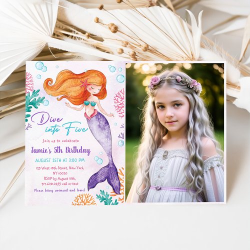 Mermaid Dive Into Five 5th Birthday Party Photo Invitation