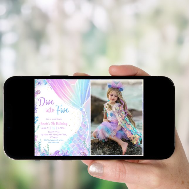 Mermaid Dive Into Five 5th Birthday Party Photo Invitation (Front Digital)