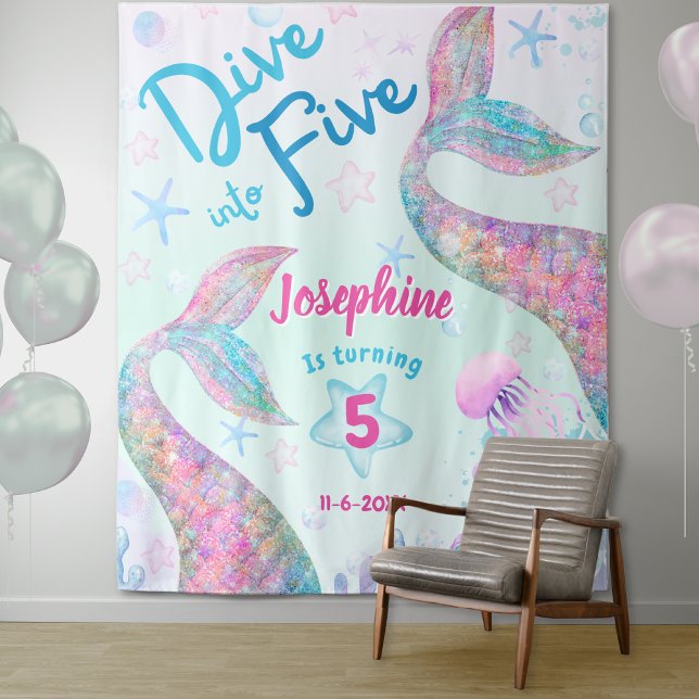 Mermaid dive into five 5th birthday welcome large tapestry (Creator Uploaded)