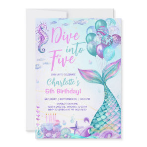 Mermaid Dive Into Five Birthday Invitation