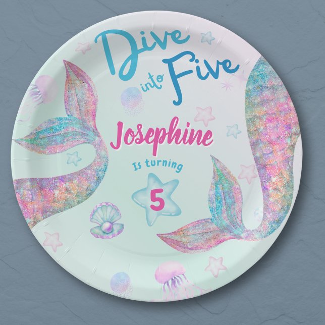 Mermaid dive into five birthday watercolor round paper plates (Creator Uploaded)
