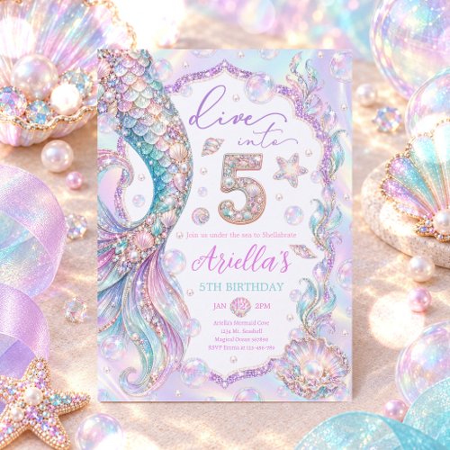Mermaid Dive Into Five Whimsical 5th Birthday Invitation
