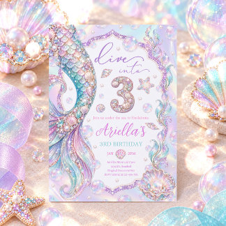 Mermaid Dive Into Three Whimsical 3rd Birthday Invitation
