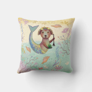 mermaid dog pattern throw pillow