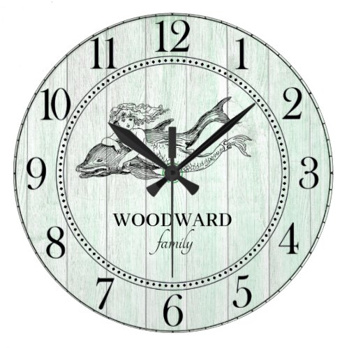 Mermaid Dolphin Aqua Blue Beach Lake House Large Clock