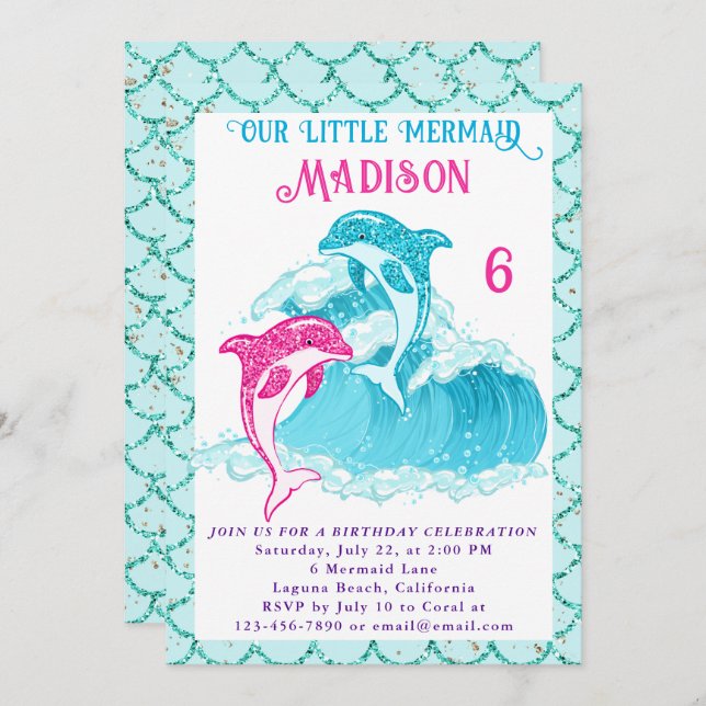 Mermaid Dolphin Blue Sea Ocean Aqua Birthday Party Invitation (Front/Back)