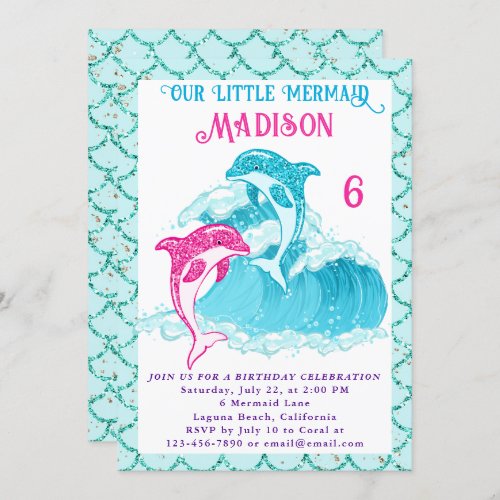 Mermaid Dolphin Blue Sea Ocean Aqua Birthday Party Invitation