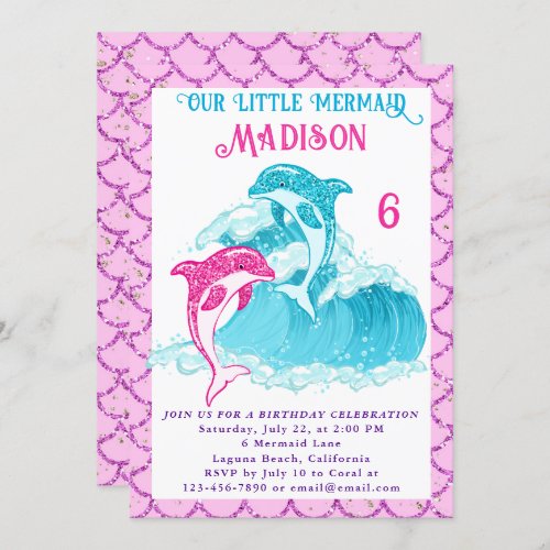 Mermaid Dolphin Blue Sea Ocean Pink Birthday Party Invitation