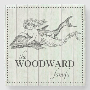 Mermaid Dolphin Family Name Lake Beach House Stone Coaster
