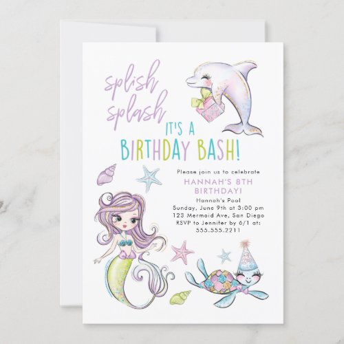 Mermaid Dolphin Turtle Birthday Invitation