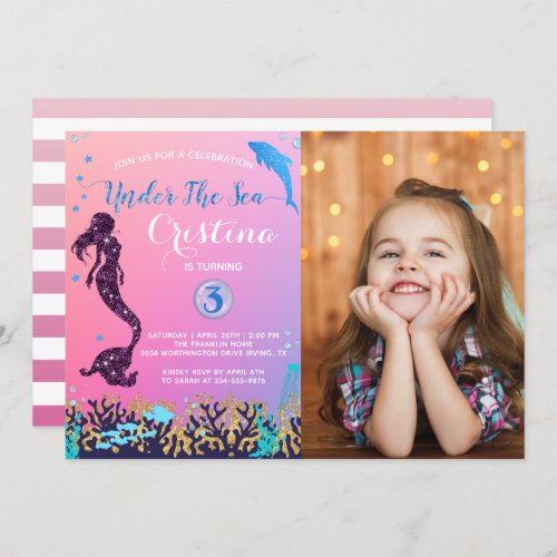 Mermaid  Dolphin Under the Sea Birthday Photo Invitation