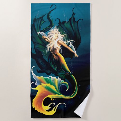 Mermaid Dragon Fantasy Blue Beach Towel