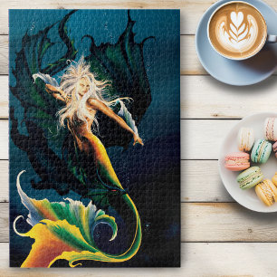 Mermaid Dragon Fantasy Blue Jigsaw Puzzle