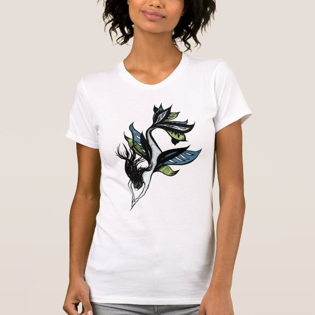 Mermaid Drawing Beautiful Blue Green Ink Art T-Shirt (Front)