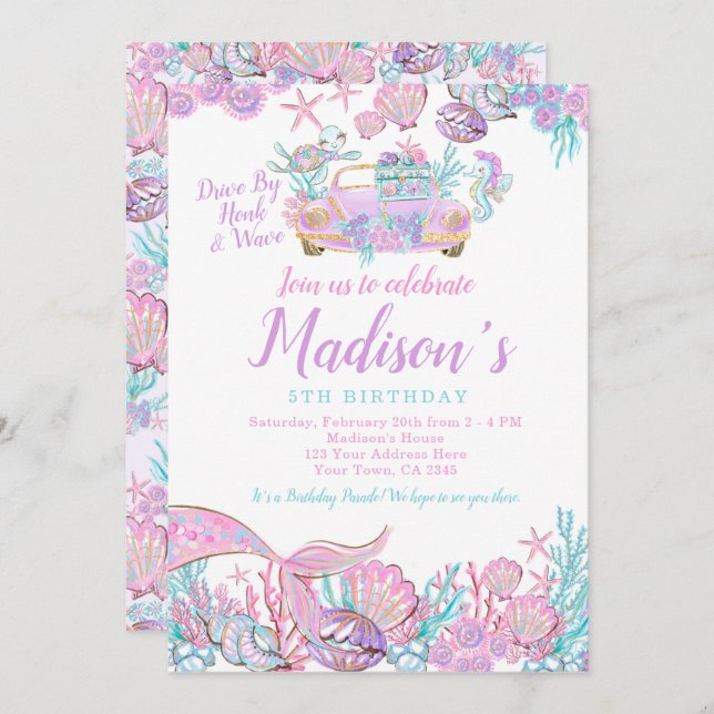 Mermaid Drive By Birthday Invitation (Front/Back)