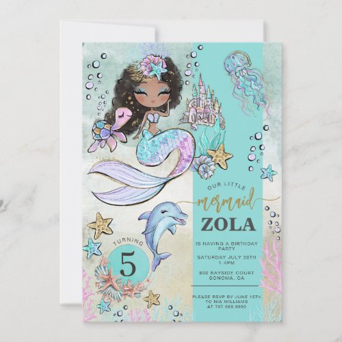 Mermaid Editable Under The Sea 5th Birthday  Invitation