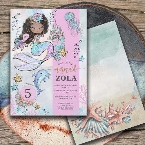 Mermaid Editable Under The Sea 5th Birthday  Invitation