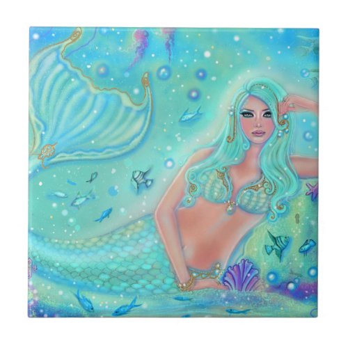 Mermaid Eira with tropical fish by Renee Lavoie Ceramic Tile