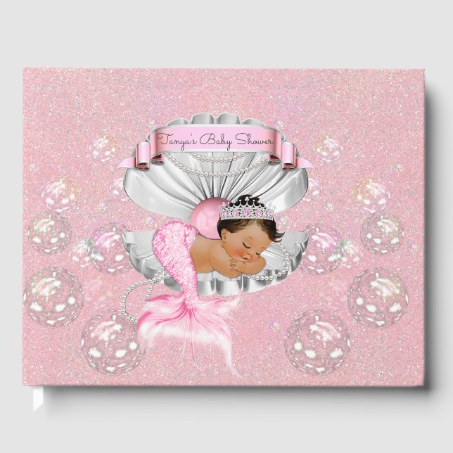 Mermaid Ethnic Baby Girl Pink Shell Pearls Guest Book (Front)