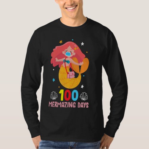 Mermaid Face Mask Funny 100 Days Of School Girls T_Shirt