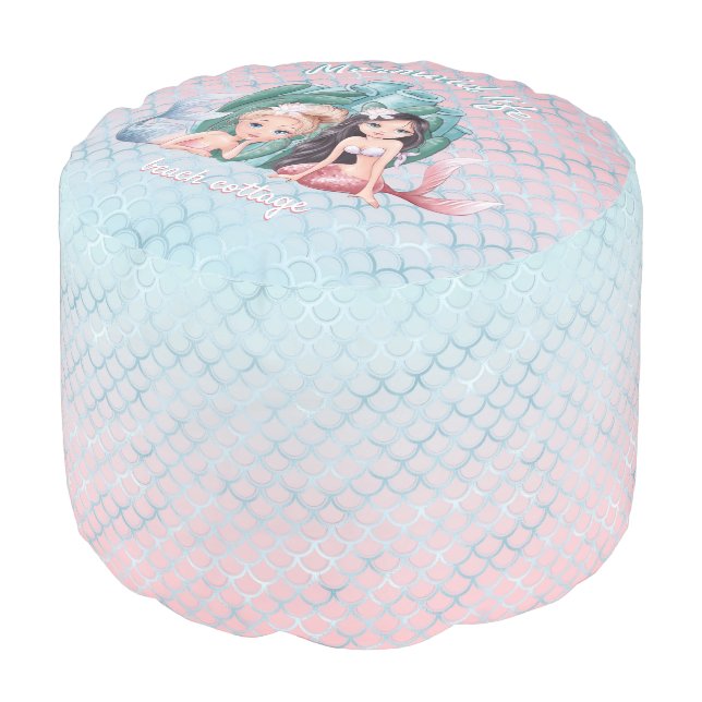 Mermaid fans favorite pink teal custom text indoor pouf (Angled Front)